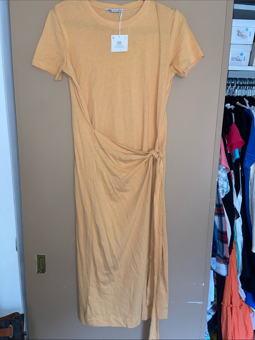 Zara Short Sleeve Tie-Waist Midi Dress in Mustard Yellow